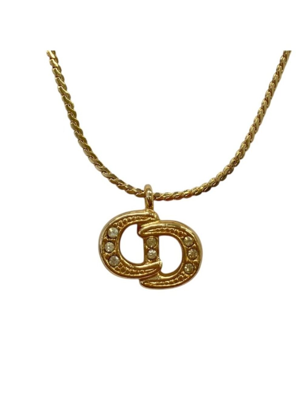 Dior Vintage Rhinestone CD Logo Necklace Gold Colored